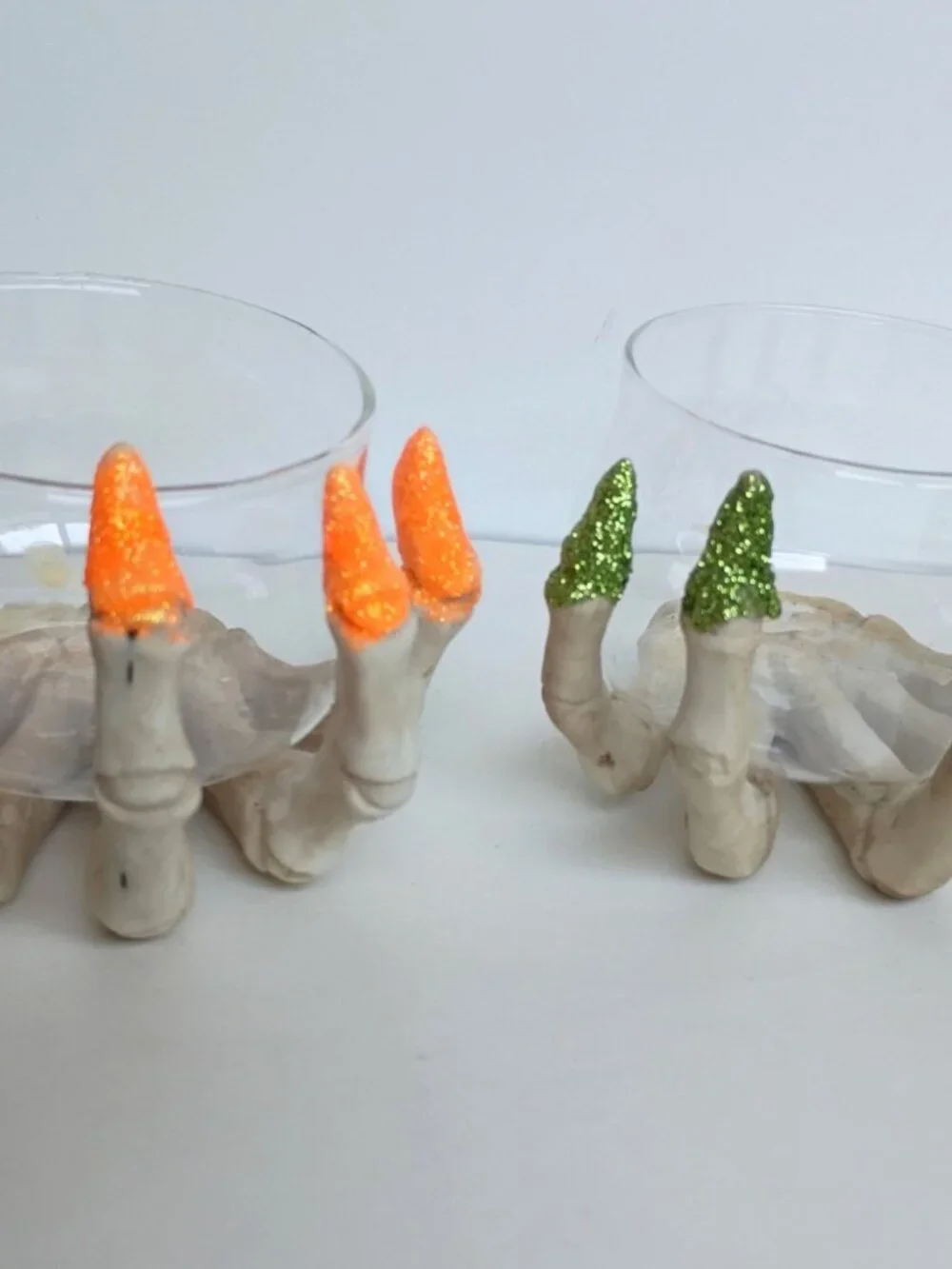 Set of 2 Halloween Ghoul Skelton Hand Glitter Nails Orange Green Candle Holders
